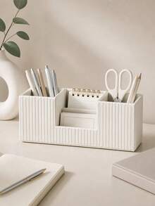 Cream-Style Vertical Striped Desktop Storage Box, Office Divided Pen Holder, Small Item Memo Remote Control Organizer - View 3