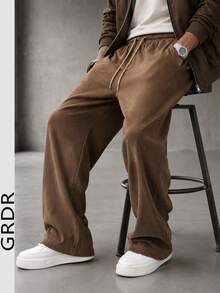 GRDR Men's Elastic Waist Drawstring Casual Pants, Suede Fleece, Loose Fit, Draped, Lazy Style, Wide Leg Long Pants, Autumn/Winter - Brown - View 2