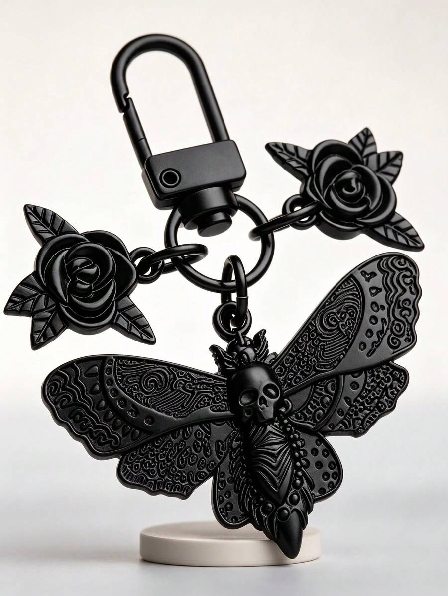 Gothic Death Moth Rose Keychain, Vintage Skull Butterfly Metal Key Ring, Dark Academia Punk Bag Charm, Car Key Accessory Gift - Multicolor - View 1