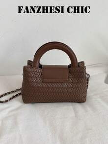 Woven Texture Small Square Handbag With Flap Lock, Metal Gold Ball Chain, Luxury Elegant Style Women's Daily Shoulder Crossbody Bag - Brown - View 7
