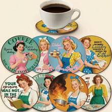8pcs Beautiful Women Theme Pattern Coaster Set, Wooden Coasters, Coffee Cup Coasters, Home And Restaurant Decor, Suitable For Various Occasions, Exquisite Birthday Or Holiday Gift, Tabletop Decoration, - D - View 4