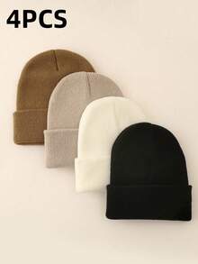 4pcs/Pack Solid Color Ski Hats, Minimalist Knit Beanies, Unisex, Suitable For Casual Daily Wear - Multicolor - View 1