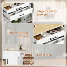 White Mobile Kitchen Island Cart With Foldable Tabletop, 120cm Rolling Kitchen Trolley, Tempered Glass Cabinet, Cutlery Drawer, Side Spice Racks, Lockable Wheels, Portable Storage Island For Kitchen Dining Room - White - View 6