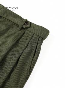 1pc Men's Casual Corduroy Straight Leg Pants, Front Pleats, Side Buckle, Vintage Autumn/Winter Style - Green - View 4