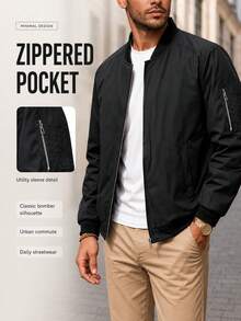 Men's Casual Baseball Collar Jacket, Black Lightweight Zip-Up Cardigan, Suitable For Spring/Autumn, Daily/Commute/Outdoor Wear - Black - View 1
