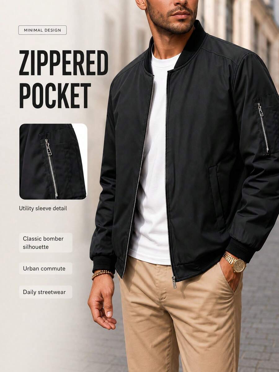 Men's Casual Baseball Collar Jacket, Black Lightweight Zip-Up Cardigan, Suitable For Spring/Autumn, Daily/Commute/Outdoor Wear - Black - View 1