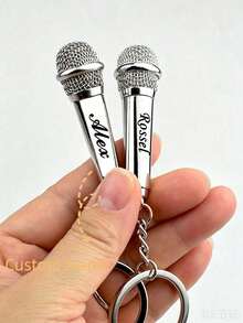 Personalized Name Microphone Keychain, Customized Mini Simulated Microphone Keychain, Rotatable Opening, Microphone Pendant Keychain, Actor Commemorative Performance Engraved Gift, Back To School Gift, Halloween Gift, Gold And Silver Customized Birthday Gift, Halloween Jewelry - Silver - View 12