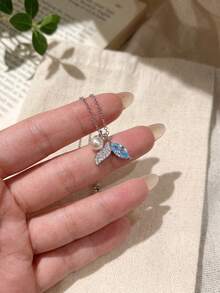 Shescity 1pc Silver Sea Blue Rhinestone Mermaid Tail Luxury Fashion High-End Clavicle Necklace - Silver - View 2