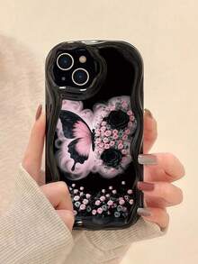 Butterfly Painted Flat Print Black Painted Cream Pattern Soft Shell Suitable For IP17/IP17PROMAX/Iphone16//Iphone16pro/Iphone16promax/Iphone15/ XR /7p8p/P12promax/P13promax/P14PROMAX /P13/P14/P11/P12/P14 Women Soft Anti-Drop XS/S/XSMAX/78GES2/Cute Fashion Thickened Phone Case Protective Cover - Multicolor - View 4