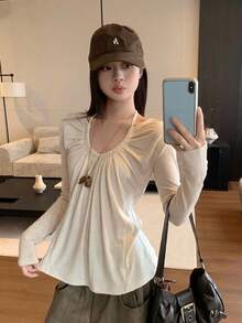 Women's Halter Neck Square Shoulder Long Sleeve T-Shirt Autumn Top - Apricot - View 2