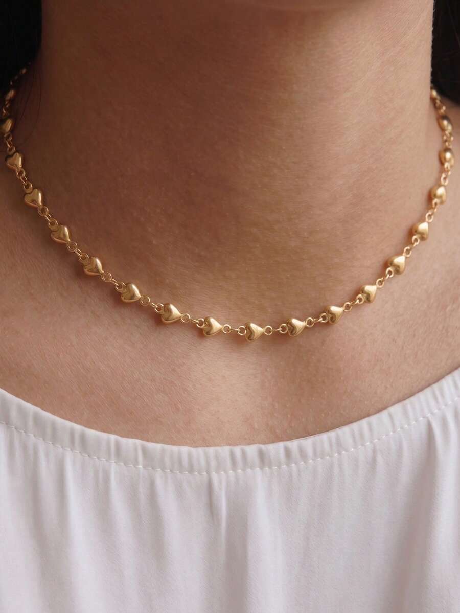 1pc Stainless Steel Chain Necklace, 18K Gold Plated Heart-Shaped Layered Chain Necklace, Minimalist Women's Choker, Daily Wear - Gold - View 1