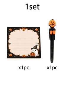 1 Set Halloween Pumpkin Theme Boxing Pen With Ghost Print Sticky Notes, Holiday Stationery Set, Suitable For Halloween Desk Decoration, Holiday Souvenirs And Party Favors - Multicolor - View 12