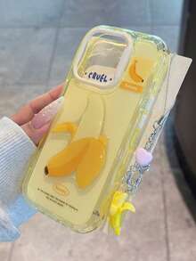 1件 3D香蕉手機殼 適用於16promax/IPhone16pro 韓系Ins新款 15/14 小眾創意高級 13 可愛卡通 11/12 女生風，適用於IPhone17Promax 17pro 17 17Air 3D香蕉附掛繩智慧型手機保護殼 - 黃色 - 查看 2