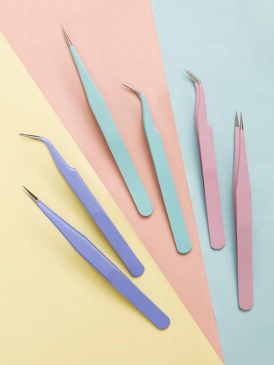 Macaron Color Precision Tweezers, Stainless Steel Straight & Curved Tip Tweezers Set For Lash Extension, Nail Art Rhinestone Picker DIY Craft Beauty Tools - Sets - View 1