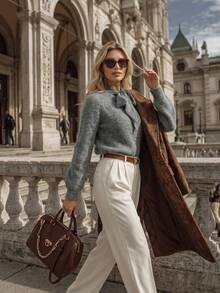 NiceArt Sweater Pullover Wanita Lengan Raglan Rajut Bergaris Kerah Pita Lengan Panjang Longgar Elegan Kasual Musim Gugur - Grey - View 7