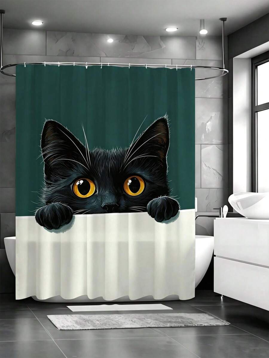 1pc Creative Black Cat Probe Shower Curtain - Suitable For Bathroom Decor, Bathroom Curtain - Easy To Clean, Exquisite Home Decor, Bathroom Partition Curtain, Decorative Shower Curtain, Bathroom Accessories Home Decor Gift - Includes 12 Hooks - Multicolor - View 1