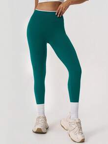 NcmRyu 1pc Women's Fashionable Elastic Contrast Color Ribbed High Waist Patchwork Waistband Butt-Lifting Soft Comfortable Sports Long Pants - Green - View 6