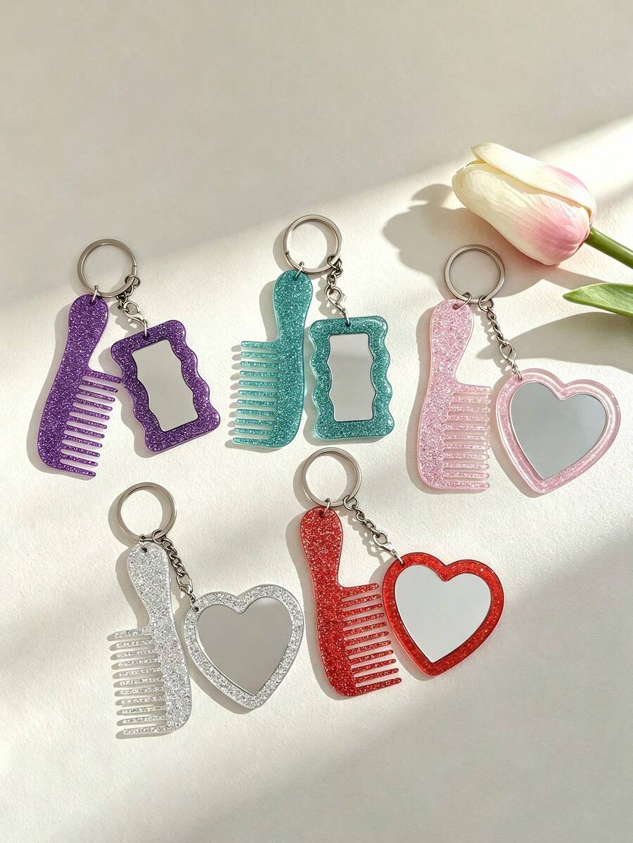Acrylic Glittering Heart-Shaped Mirror, Comb Set, Keychain, Bag, Pendant, Exquisite Essential Makeup Items For Girls - Love - View 1