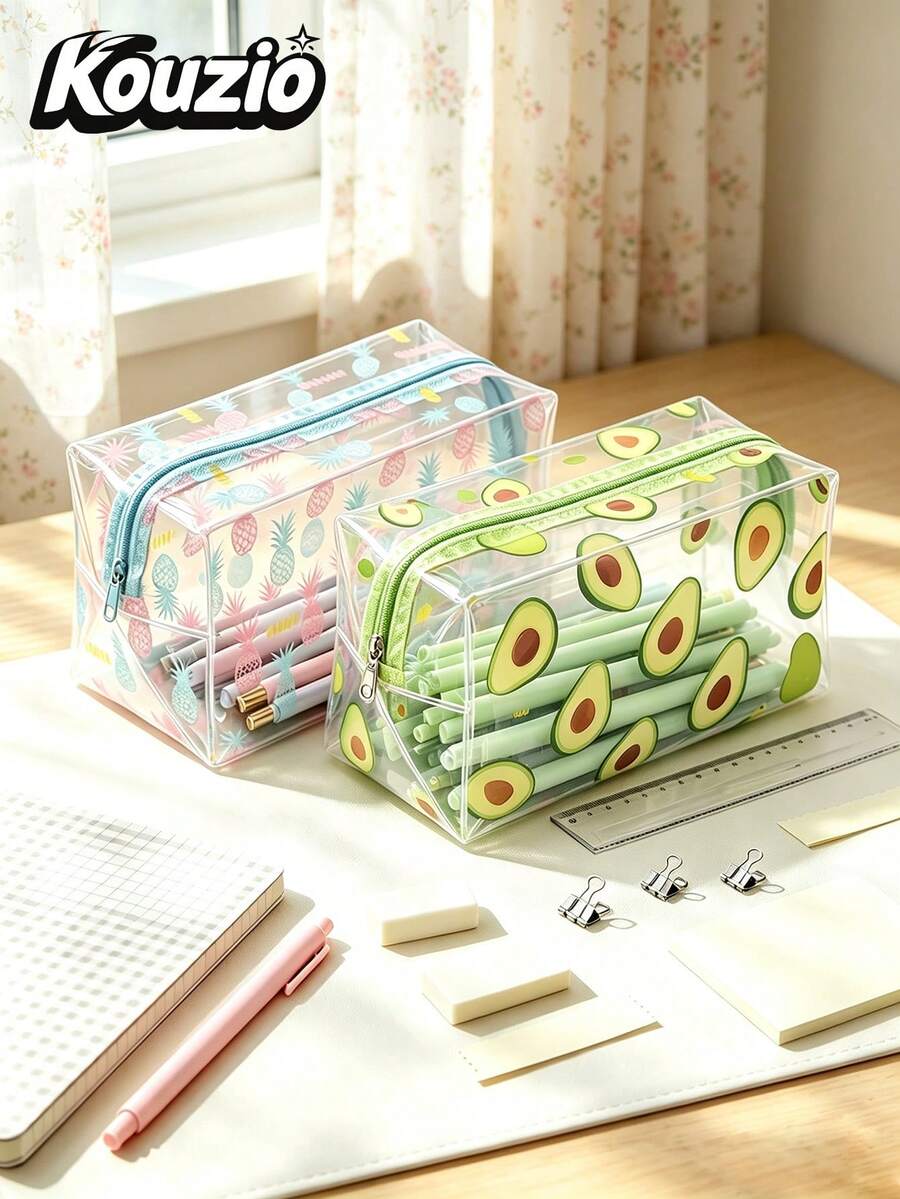 1pc Aesthetic Fruit Print Transparent PVC Pencil Case, Large Capacity Zipper Stationery Pouch, Portable Desk Storage Bag, Durable School Office Organizer, Back To School Supplies‑KOUZIO - Transparent Fruit Print - View 1