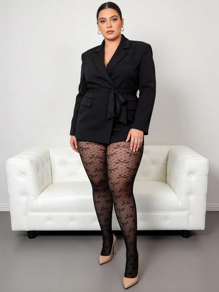 1pc Plus Size Women's Elastic Tight-Fitting Tights, Vintage Bow Pattern Jacquard Hollow Fishnet Stockings, Spring/Summer Thin Sexy Hot Girl Pantyhose, Dark Gothic Style Black Silk Stockings, Fashionable Versatile Halloween Costume, Suitable For Outings, Vacations, Parties And Gatherings - Black - View 1