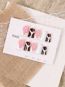 10pcs Duck Mouth Style Handmade Press-On Nails, Autumn/Winter Vintage Tortoiseshell Cream White Nude Pink Patchwork Manicure, European Hot Girl Style 3D Pearl Decor Detachable Fake Nails, No Baking Required Reusable Nail Stickers, Suitable For Girls' Autumn Outfits And Date Night Aesthetic Manicure - Coffee Brown - View 2