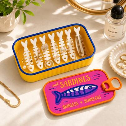 Estuche de joyería impreso en 3D con diseño de sardina "tipo lata", soporte para pendientes de espina de pescado, organizador portátil