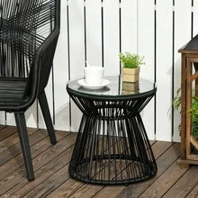 Mesa de Jardín Redonda con Diseño de Tambor Hueco, Mesa Bistro con Tablero de Vidrio, Mesa de Centro Negra para Jardín y Balcón - Negro + Ratán - Ver 4