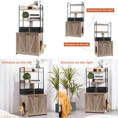 Litter Box Enclosure With 2 Storage Shelves And 2 Drawers, 2-In-1 Hidden Cat Litter Box Enclosure Furniture With Shelf, Reversible Entrance, Washable Drawers, 50-Inch