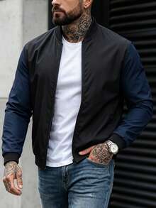 Men's Sports Outdoor Baseball Collar Jacket, Solid Color Woven Top, Casual Versatile Zip-Up Outerwear, Suitable For Hiking, Fitness, Running - Black - View 2