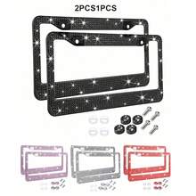 2pcs Rhinestone License Plate Frame, Durable Stainless Steel Unobstructed Border Design, Embedded Multi-Faceted Sparkling Rhinestones, Comes With Matching Crystal Screw Caps, Unisex Shiny Car Decoration Accessories - 2-piece Set - View 9