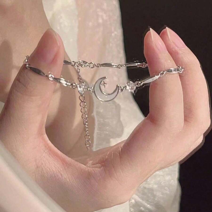 1 buah Gelang Dekorasi Berlian Imitasi Bintang & Bulan Elegan, Cocok untuk Pemakaian Sehari-hari, Festival, dan Pesta Wanita - Perak - View 1