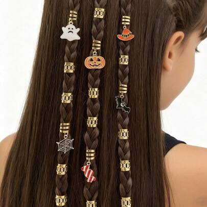 46pcs Halloween Cartoon Pendant Dreadlock Rings, Metal Hollow Hair Accessories For Women, Holiday Party Braid Decoration Hair Ties