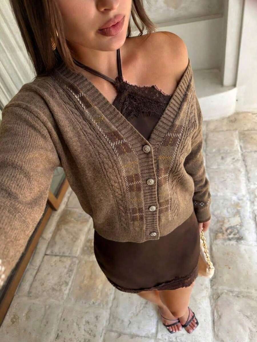 Cardigan Rajut Argyle, Kerah V, Kancing Depan, Lengan Panjang, Trim Bergaris, Cokelat, Sweater Kasual untuk Lapisan Pakaian Musim Gugur dan Musim Dingin dengan Bahan Lembut dan Elastis - Coffee Brown - View 1