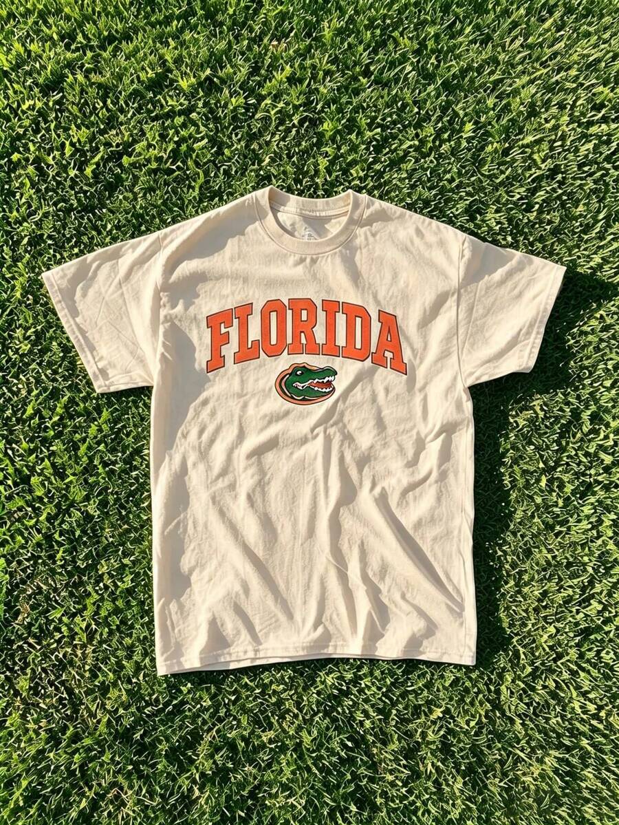 Florida State Gators Vintage Graphic T-Shirt, 2026 Summer Retro Cotton Short Sleeve Crew Neck Tee For Women, Casual Vacation Holiday Spring Festival - 杏色 - 查看 1