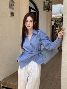 Autumn Vintage Blue Design Asymmetrical High-End Fashion Striped Long Sleeve Blouse Top - Blue - View 5