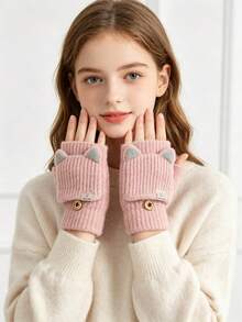 1 Pair Winter Flip-Finger Cat Ear Gloves, Windproof Warm Flip-Cover Hand Gloves, Casual Solid Color Five-Finger Gloves Suitable For Cold Weather - Multicolor - View 3