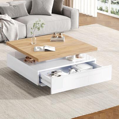 Multifunctional Square 360° Swivel Coffee Drawer, White High Gloss 2-Tier Center Swivel Table And Storage Cabinet, Walnut Chipboard Frame Living Room Side Table, White, 70 X 70 X 36 Cm