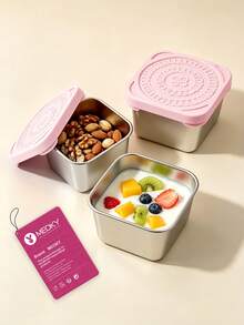 Meoky 3件組 8盎司不鏽鋼零食儲存盒附矽膠蓋，防漏食品儲存盒，可重複使用金屬便當盒，適用於零食、備餐、旅行與野餐 - 淡粉色*3件套裝 - 查看 2