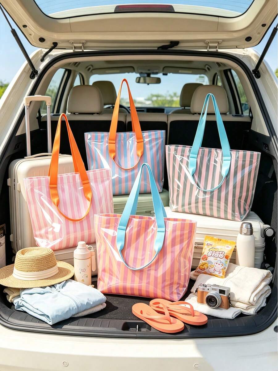 Waterproof Striped Beach Tote Bag Clear Transparent PVC Summer Handbag Large Capacity Shoulder Bag Portable Swim Pool Travel Shopping Bag For Vacation - Multicolor - View 1