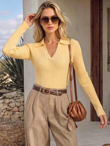 NiceArt Women's Vintage Knitted Polo Pullover Sweater, Elegant Autumn/Winter Outfit, Renaissance Style, Suitable For Office, Social, Halloween - Yellow - View 8
