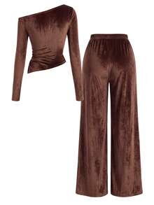 Lurzo 2 Pieces Set Of Korean Suede Irregular Girls' Clothing, Slim Fit Sloping Shoulder Long Sleeved Top+Loose And Comfortable Wide Leg Pants,Outdoor/School - Brown - View 4