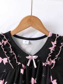 Sweet Bow Print Girls' Loungewear, Ruffle Trim Loose Long Sleeve Young Girl' Pajamas - Black - View 5