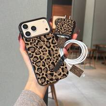 5 piezas Funda de teléfono con estampado de leopardo negro y textura + Cubierta de cargador + Protector de cable + Cuerda de almacenamiento TPU Carcasa protectora anti-caídas para teléfono Apple - Multicolor - Ver 1