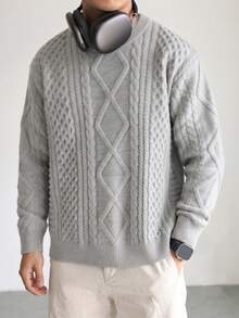GRKC Sweater Rajut Kabel Minimalis Warna Polos untuk Pria, Gaya Kasual untuk Kantor Rumahan dan Perjalanan, Lengan Panjang, Kerah Bulat, Musim Gugur/Dingin - Grey - View 1
