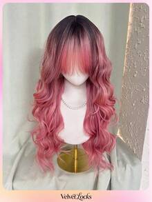 Topshe [Velvet Locks] 26 Inch Pink Gradient Synthetic Wig, Soft Heat-Resistant Voluminous Layered Wavy Curls With Curtain Bangs, Suitable For Daily Wear, Nightclub, Music Festival, Cosplay, Women's Wig - Multicolor - View 3