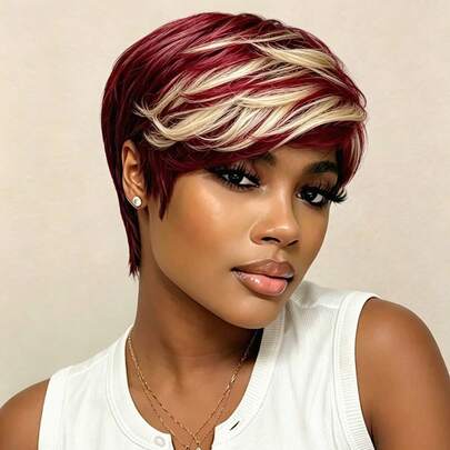 Pixie Wig Human Hair Wig Short Straight Pixie Cut Human Hair Wig 150% Density 6inch Daily Party Use Human Hair Wigs For Women Machine Made Natural Black 99j Brown Color