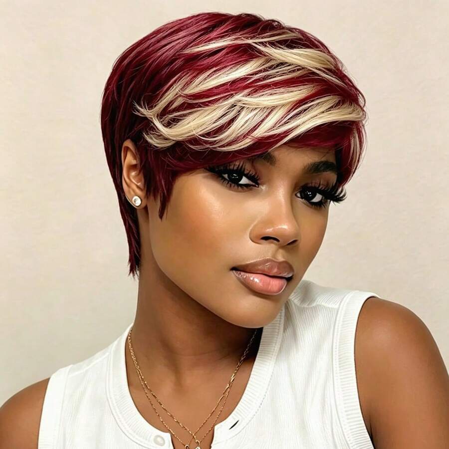 Pixie Wig Human Hair Wig Short Straight Pixie Cut Human Hair Wig 150% Density 6inch Daily Party Use Human Hair Wigs For Women Machine Made Natural Black 99j Brown Color - Multicolor - View 1