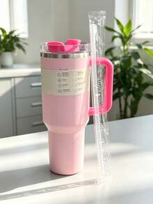 New Flat Bottom Cup With Handle And Straw 40oz | Travel Cup Holder | Insulated Stainless Steel Cup | - Multicolor 40oz - View 3