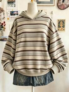 1pc Girls' Vintage Brown & White Striped Hooded Sweatshirt, Korean Style Minimalist All-Match Loose Fit Pullover Top For Tween Girl, Spring/Autumn - Apricot - View 2