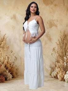 JustVH Women's Maternity Summer Set, Lace Patchwork Tie-Up Camisole Top & Flowy Long Skirt, 2pcs/Set Fall White - White - View 6